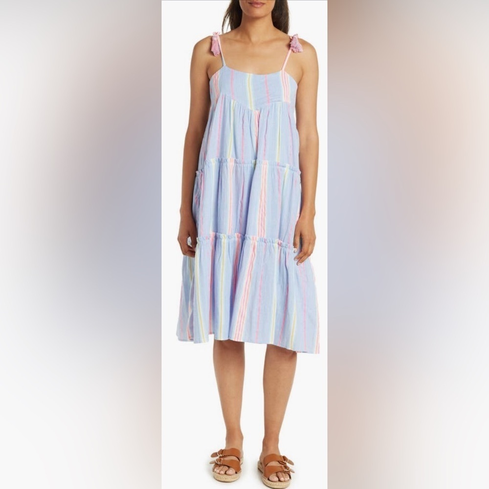 dRA Los Angeles Noelle Stripe Tassel Strap Tiered Shift Dress - Size S